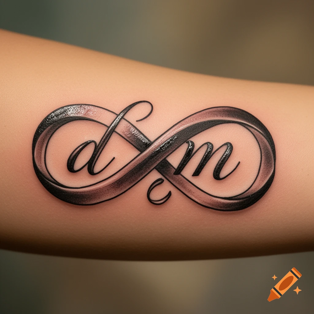 A black and gray infinity symbol tattoo with the letters 'd', 'm', and 'c' on a person's arm.