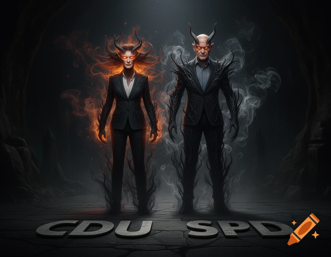 Two demonic figures in business suits, a woman with fiery hair and a man with smoke, stand in a dark, cavernous space. The words "CDU" and "SPD" are on the ground.