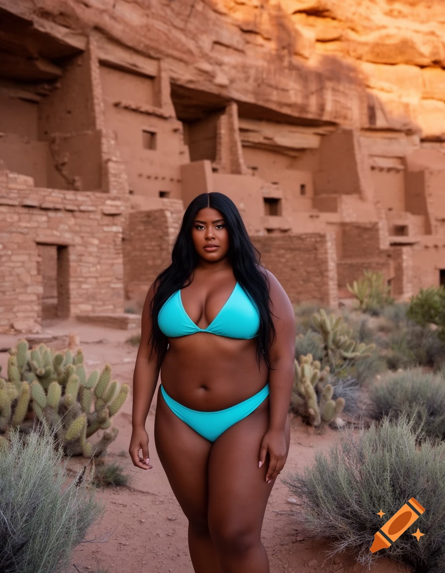 Photorealistic portrait of a curvy woman in a turquoise bikini standing in front of ancient Pueblo ruins in a desert landscape.
