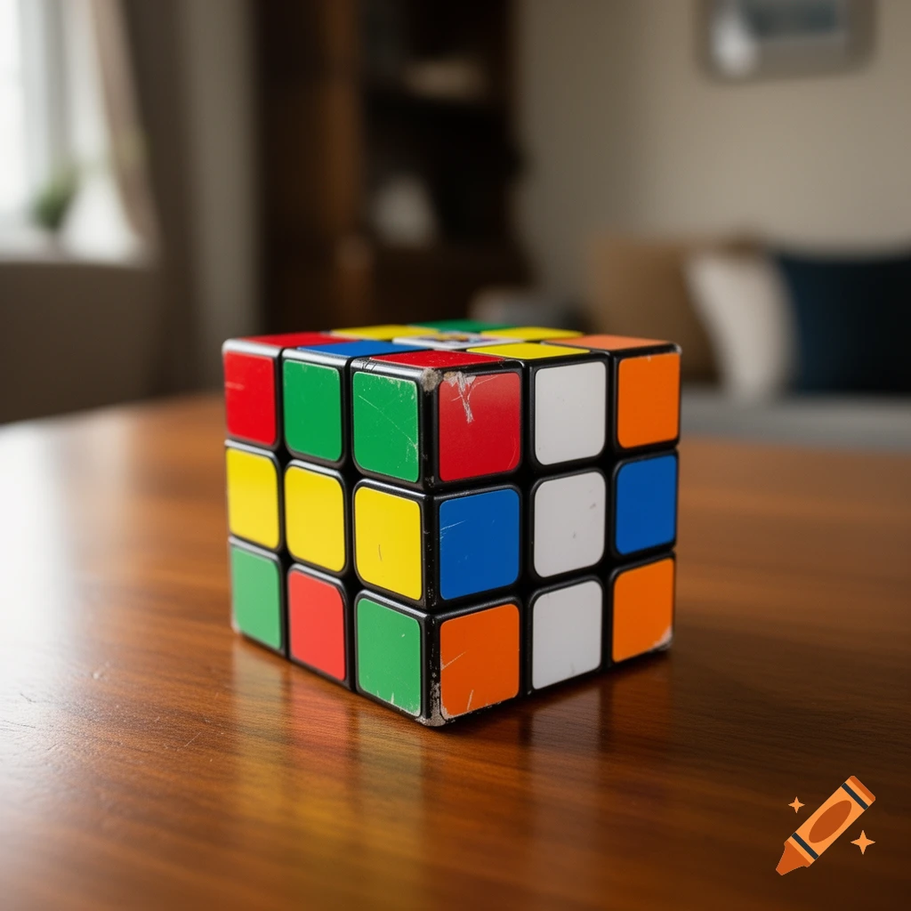 A slightly worn Rubik's cube sits on a polished wooden table, with a blurred room in the background.