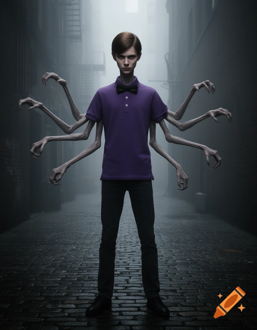 A gaunt, pale young man in a purple polo and black bowtie stands in a dark alley with six skeletal arms protruding from his torso.