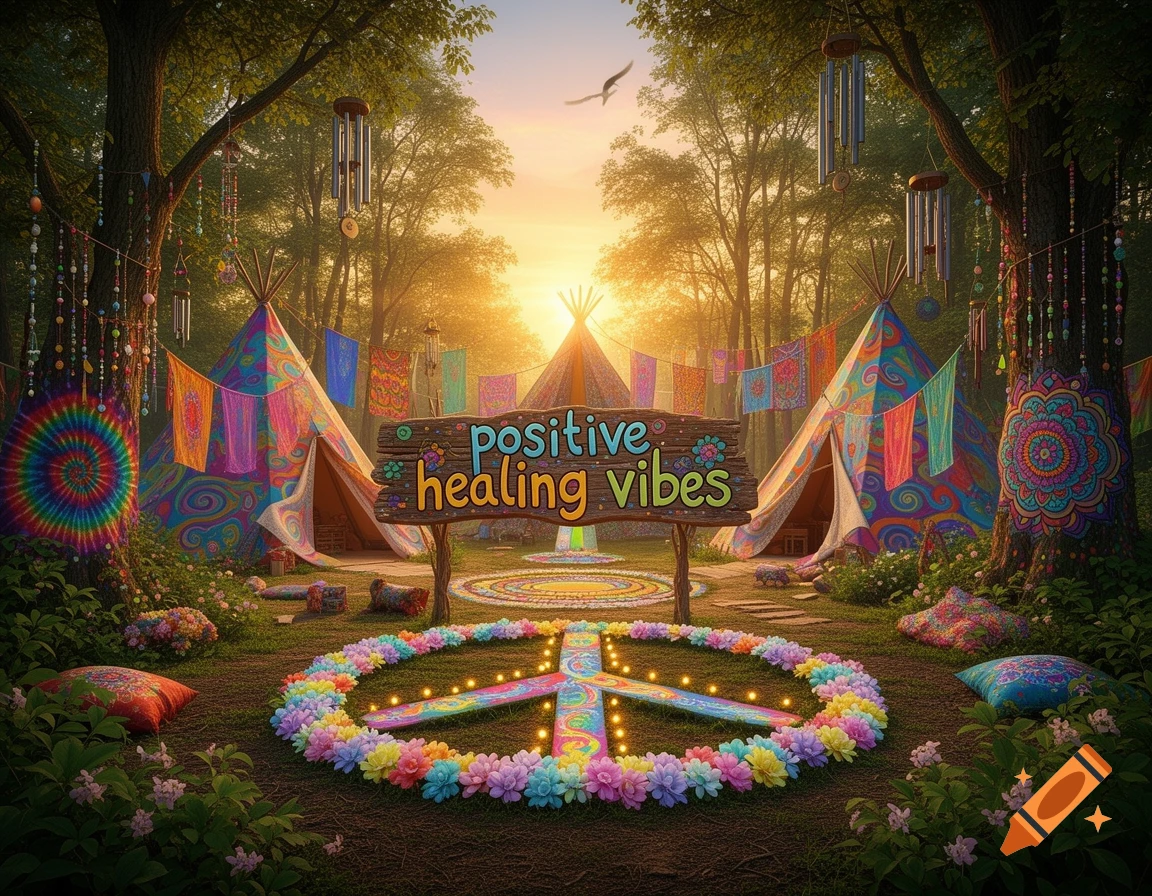 A vibrant, colorful hippie forest scene with tipis, hanging decorations, a flower-bordered peace sign, and a wooden sign saying 'positive healing vibes' at sunset.