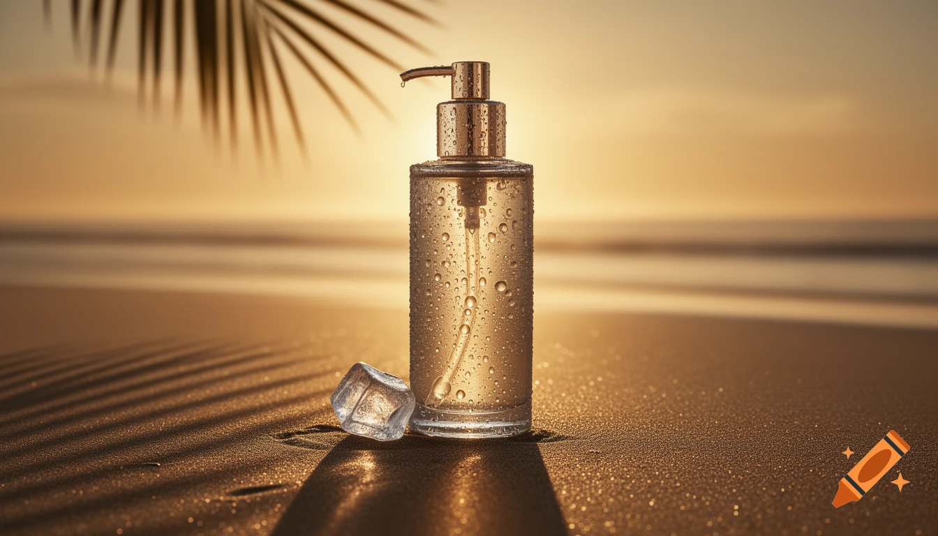 A photorealistic body splash bottle with condensation and an ice cube on wet sand, with palm shadows at sunset.