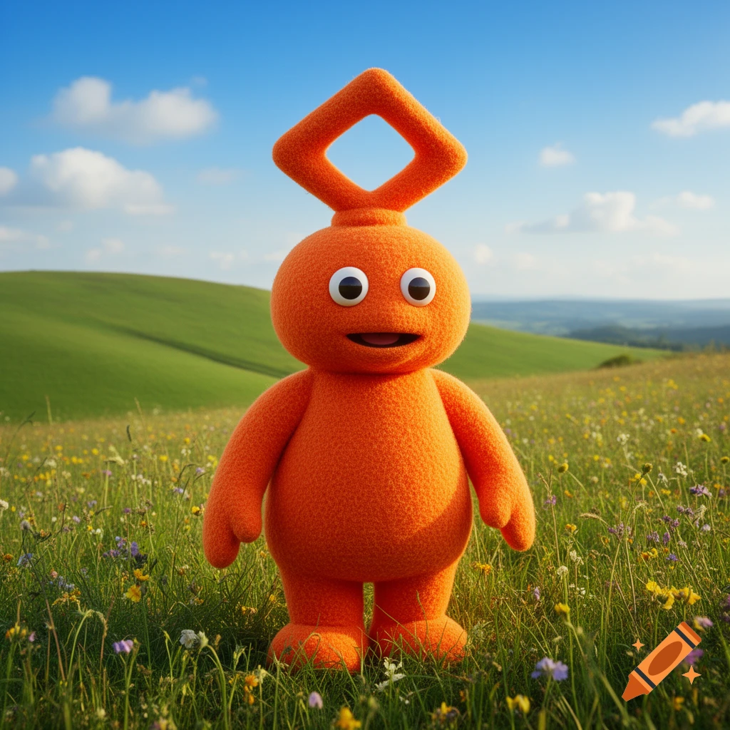 An orange, fluffy, cartoon-like character with large eyes and a square antenna stands in a green, flower-filled field under a blue sky.
