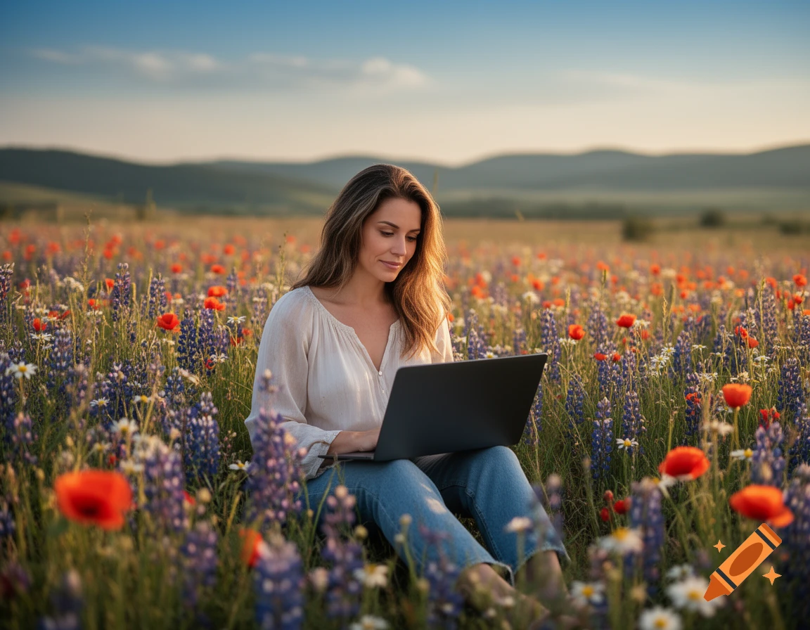 A woman sits in a vibrant field of red, purple, and white flowers, working on a laptop in the sunlight.