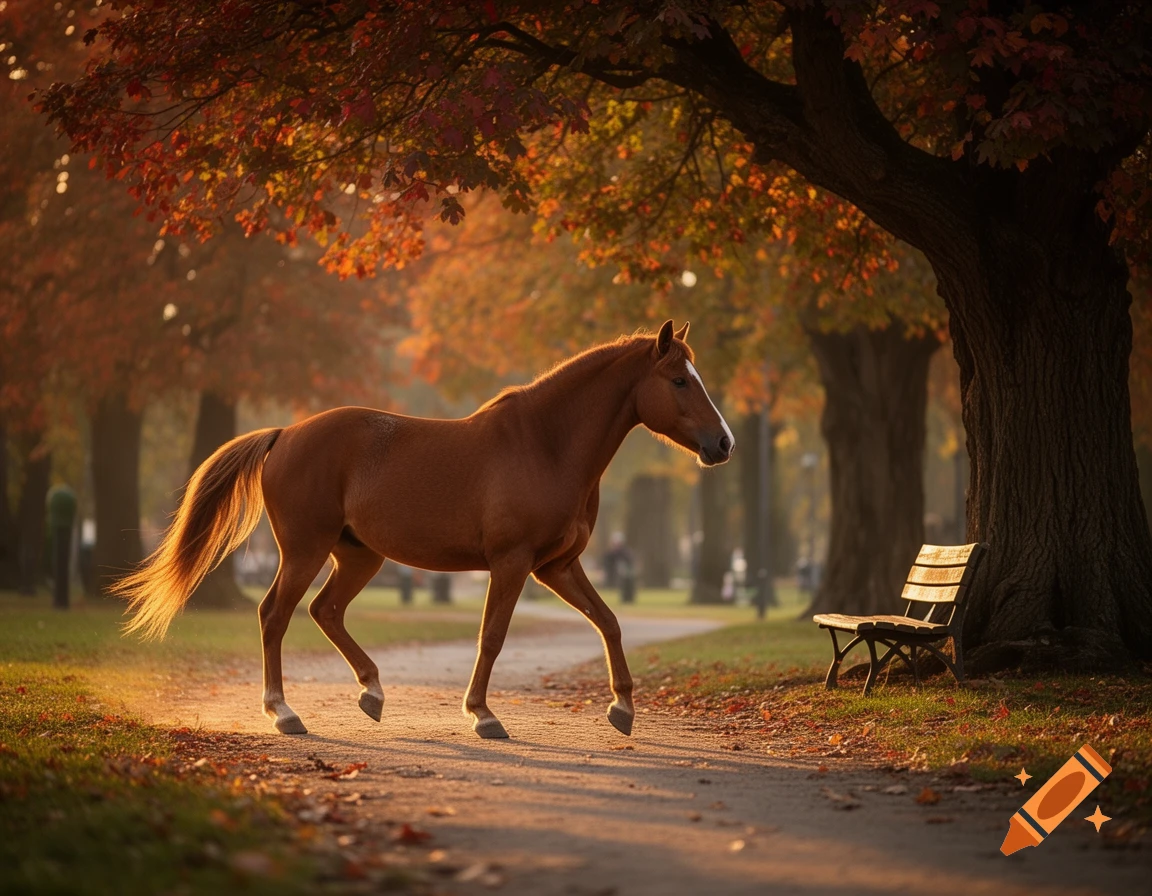 A brown horse walks on a sunlit path through an autumn park, surrounded by trees with orange and red leaves.