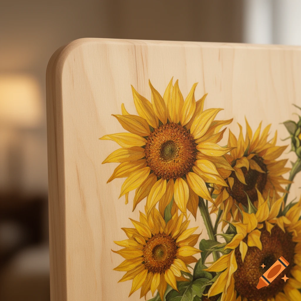 Close-up of a painting of vibrant yellow sunflowers on a light, rounded wooden board.