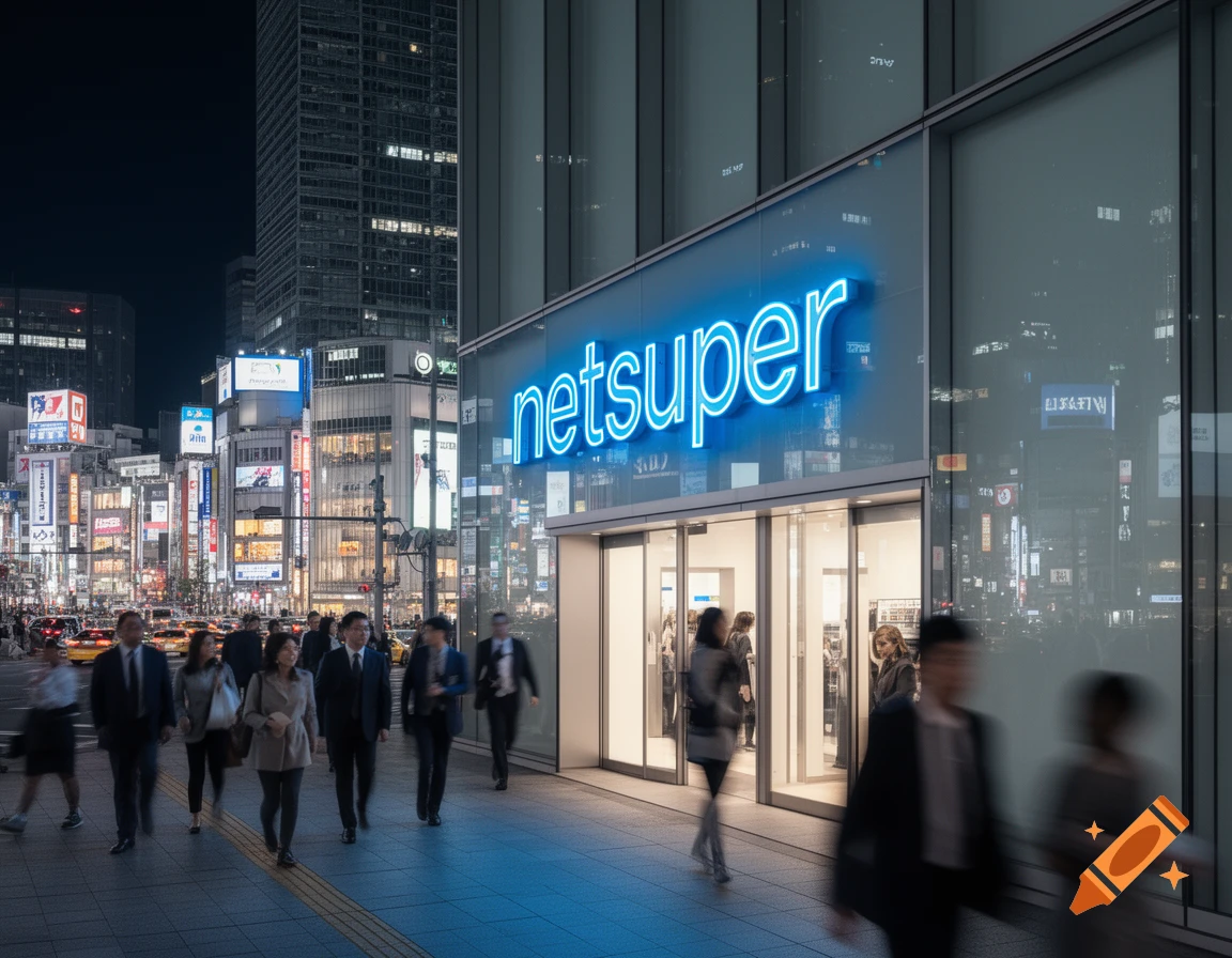 A vibrant city street at night, with pedestrians walking past a building featuring a bright blue 'netsuper' neon sign.