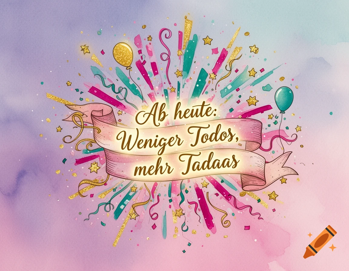 A vibrant watercolor greeting card with a pink banner featuring the German text "Ab heute: Weniger Todos, mehr Tadaas", surrounded by golden glitter, confetti, stars, and balloons.