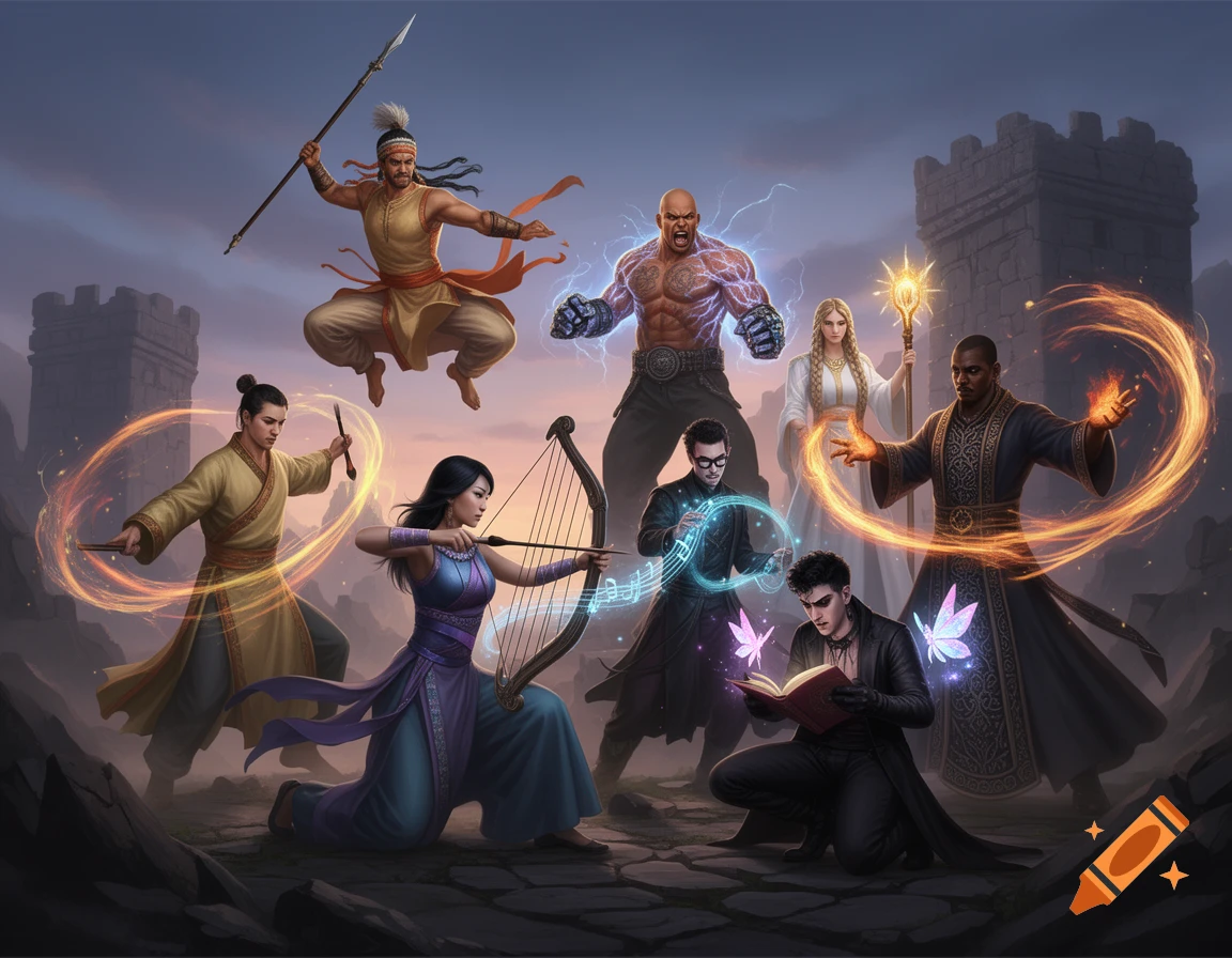 An epic digital painting of diverse fantasy heroes, including a levitating spearman, an archer, a painter, a muscular strongman, a cleric, a black wizard, and a goth using fairy magic, against a backdrop of ancient ruins.