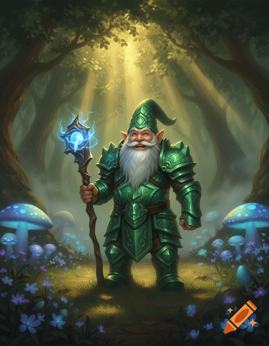 A proud gnome in ornate green armor and a matching hat stands in a sun-dappled forest, holding a glowing magical staff.