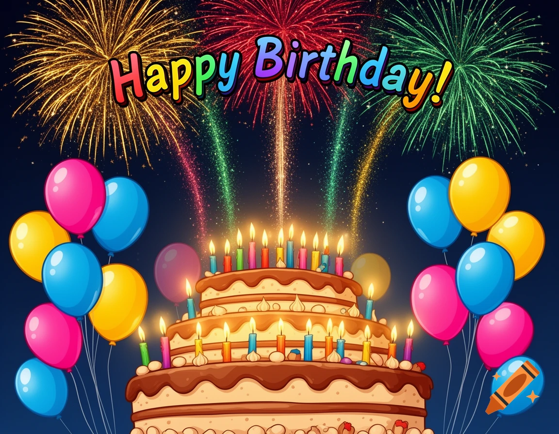 A cartoon happy birthday image featuring a large tiered cake with many lit candles, colorful balloons, and bright fireworks exploding in the night sky. "Happy Birthday!" text is at the top.