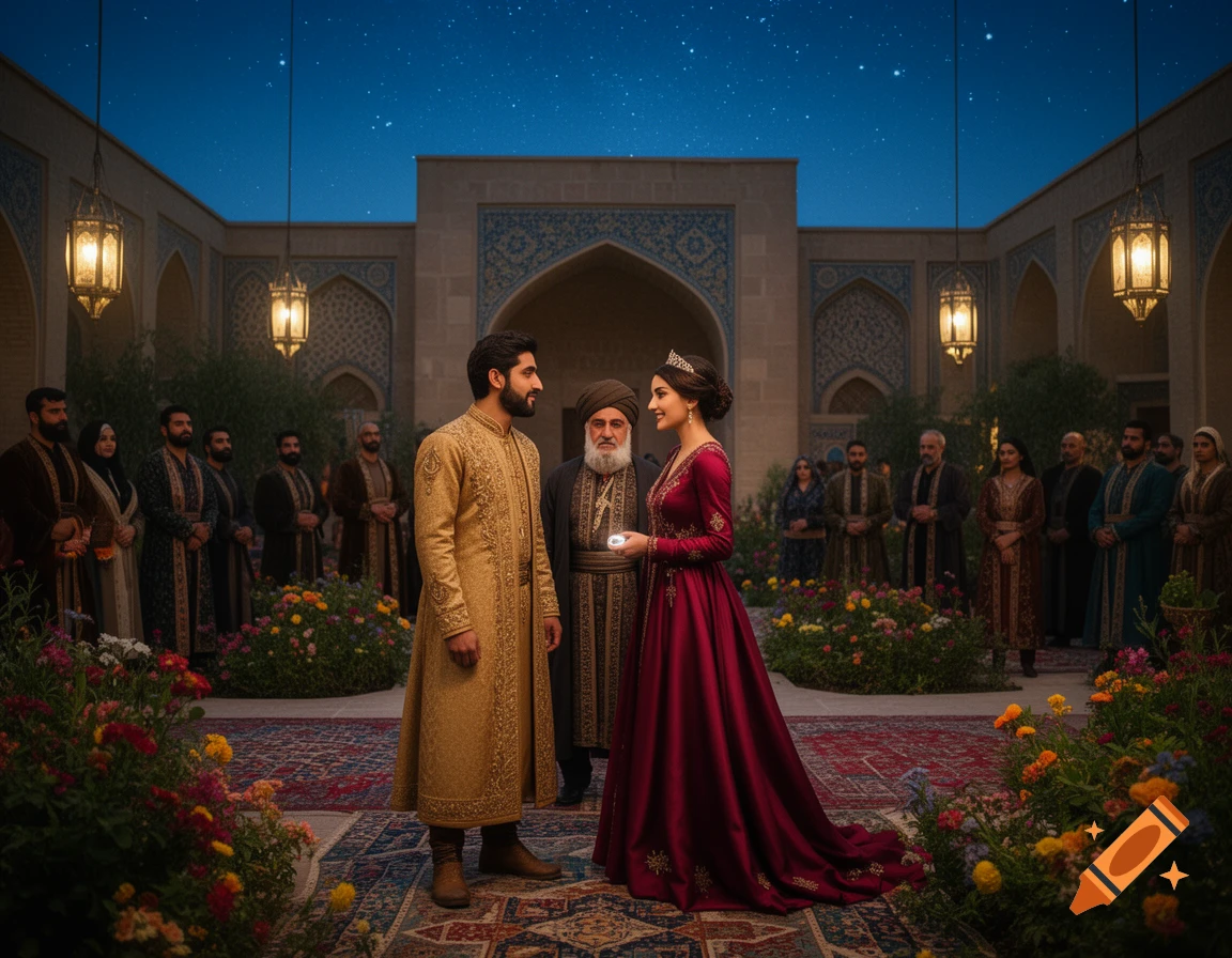 A man in a gold tunic and a woman in a red gown with a tiara attend a wedding in an ornate Persian courtyard at night, surrounded by guests.