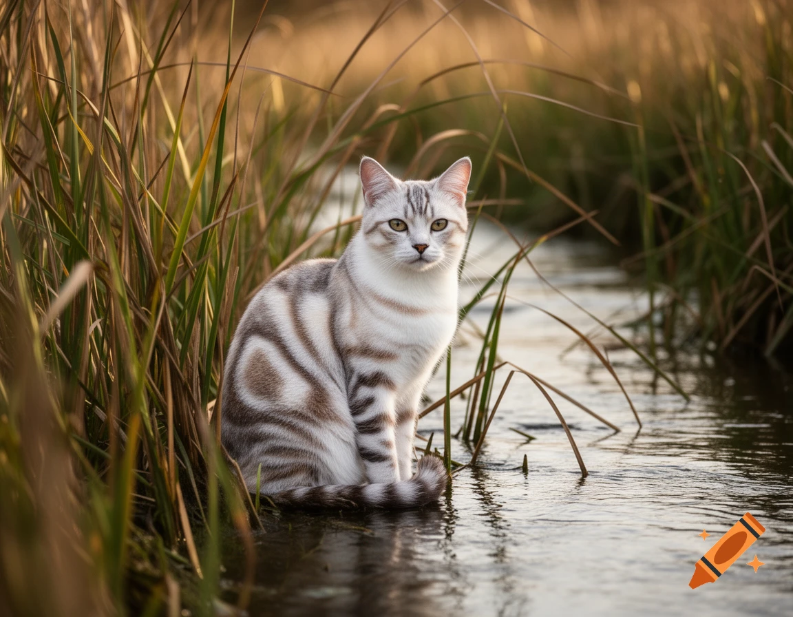 A photorealistic image of a striped cat sitting quietly in reeds by a creek.