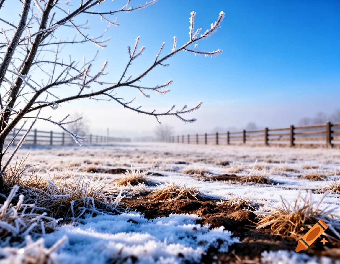 Frost-covered branches and icy grass in a winter field with a wooden fence line under a clear blue sky.