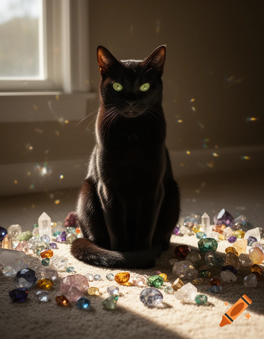 A black cat with green eyes sits on a sunlit carpet, surrounded by numerous colorful, sparkling crystals near a window.