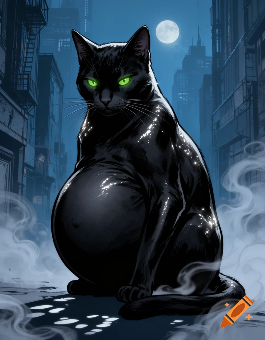 A very pregnant black cat with glowing green eyes sits on a street in a dark, stylized city alley under a full moon.
