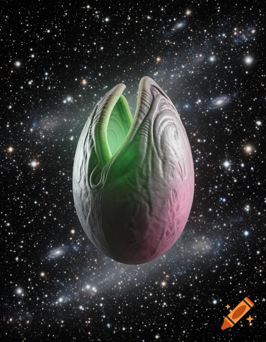 A grey, green, and pink organic xenomorph egg, partially open, floats in a starry cosmic background with distant galaxies.