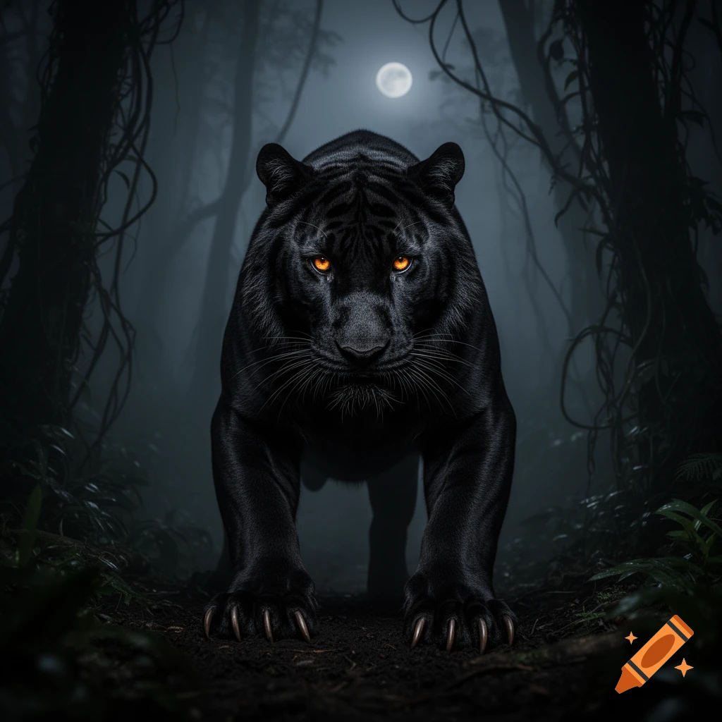 Photorealistic black panther with glowing orange eyes crouches on a forest path at night under a full moon.