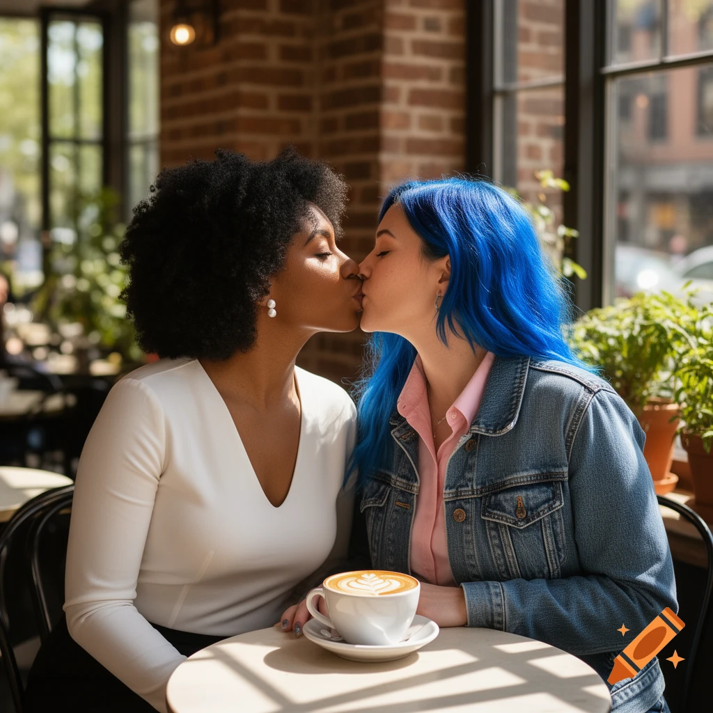 Two women with different skin tones and hair colors share a kiss in a sunlit coffee shop, a latte on the table.