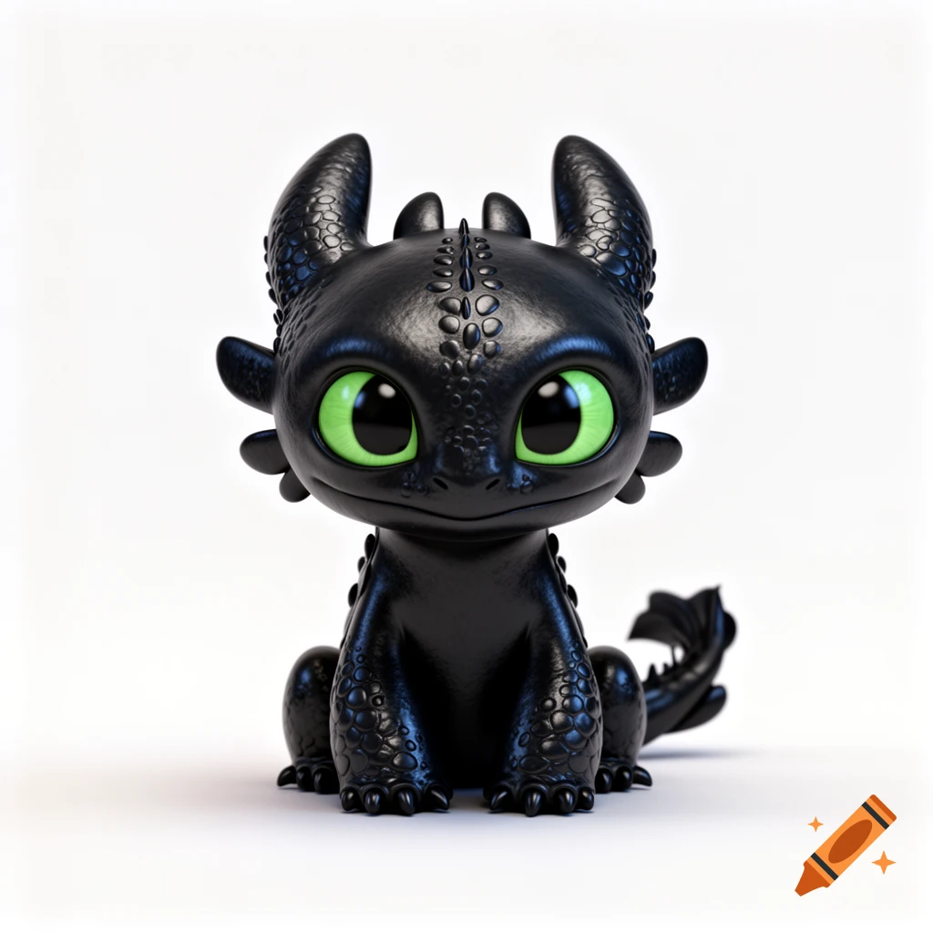 A cute, glossy black chibi Toothless dragon figurine with big green eyes sits on a white background, in Pixar 3D render style.