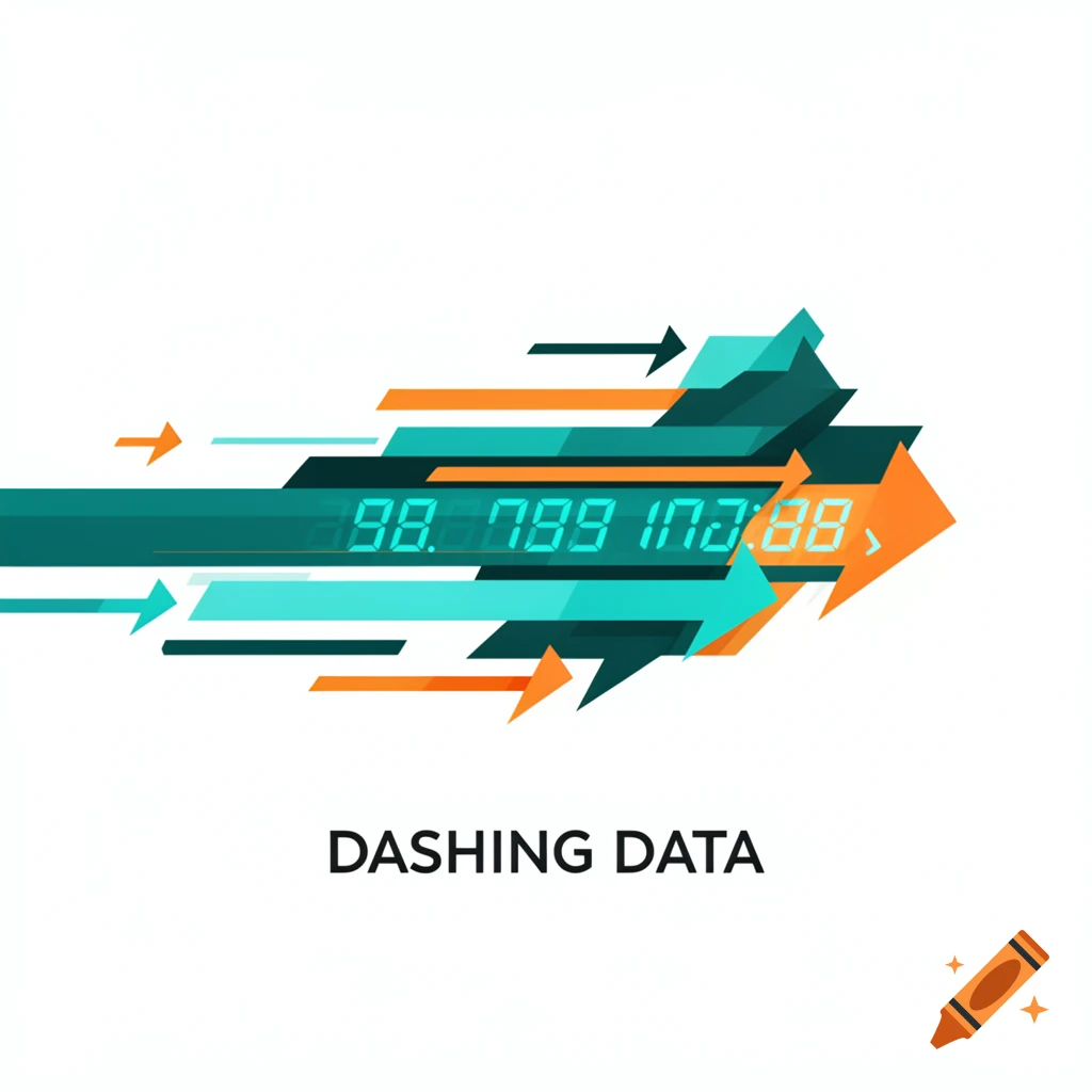 Dynamic abstract graphic with teal and orange arrows, digital numbers, and 'DASHING DATA' text.