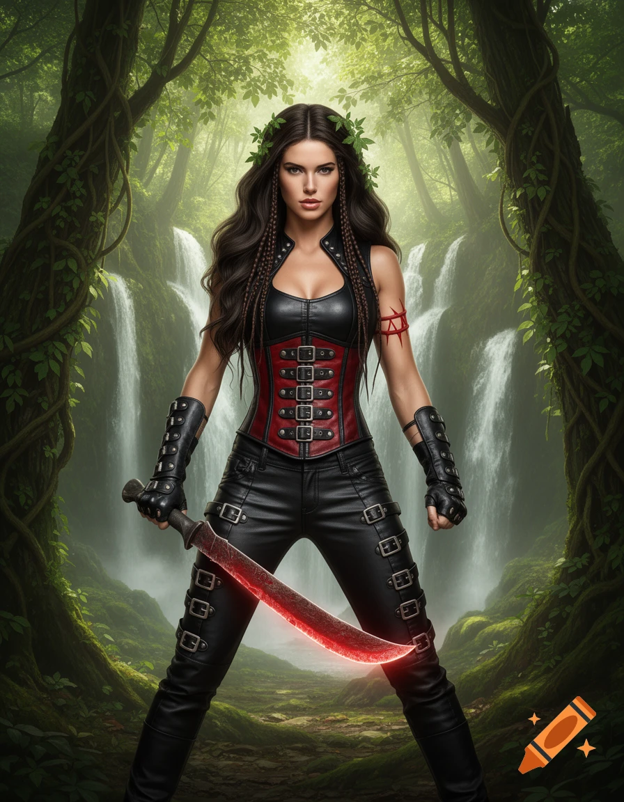 A formidable woman warrior in a black and red leather outfit with a leafy crown stands in a lush woodland, holding a glowing scarlet machete.