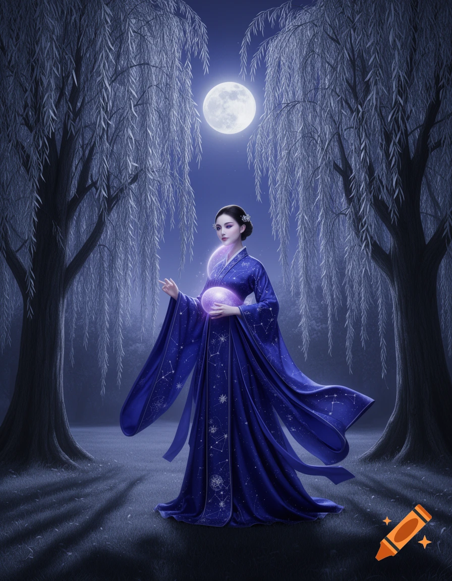 An ethereal woman in a deep blue hanfu adorned with constellations holds a glowing orb in a moonlit glade with weeping willow trees.