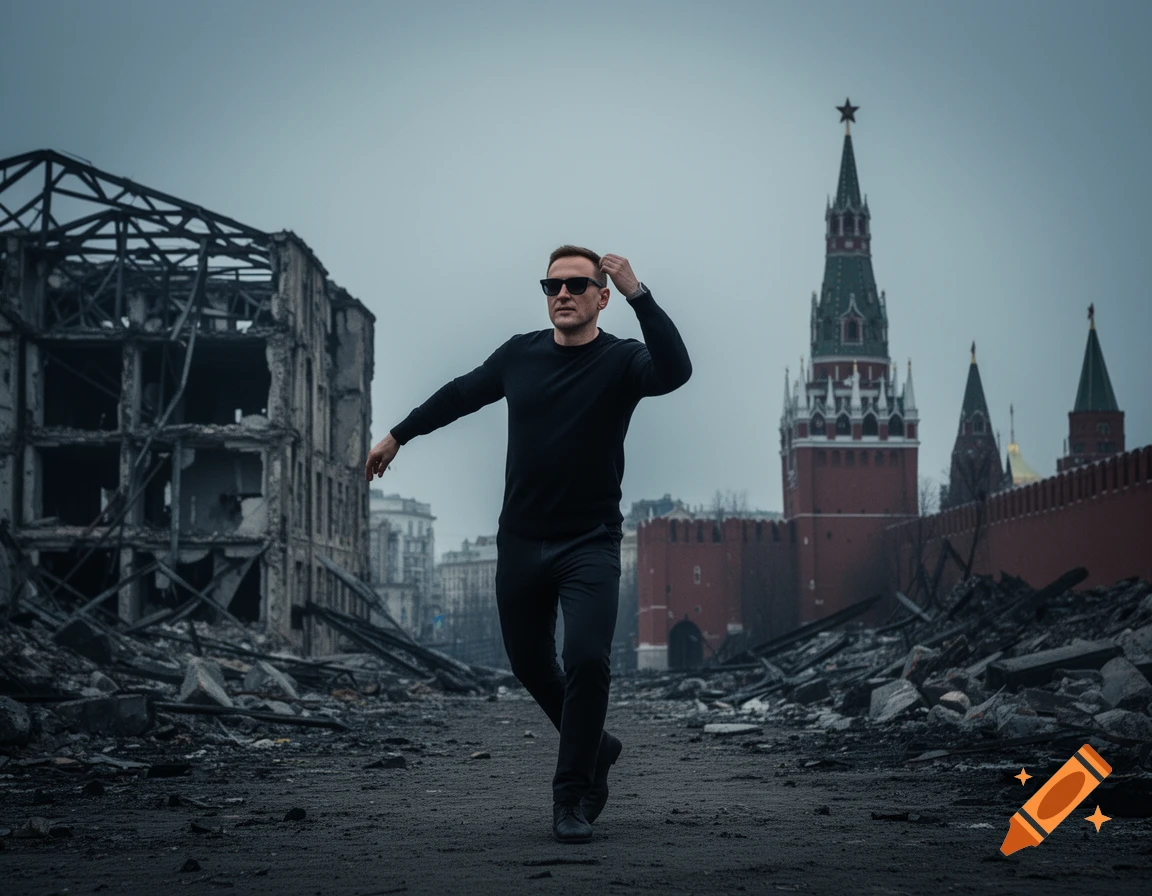 A man in black sunglasses and outfit walks through a destroyed street with a ruined building and the Kremlin under a gloomy sky.