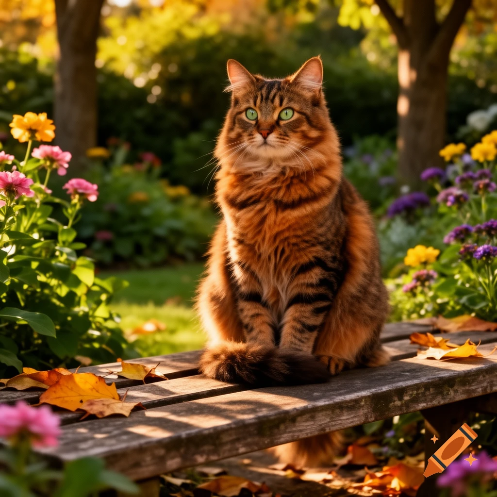 A fluffy, photorealistic brown tabby cat with bright green eyes sits on a wooden bench in a sunny autumn garden with colorful flowers and leaves.