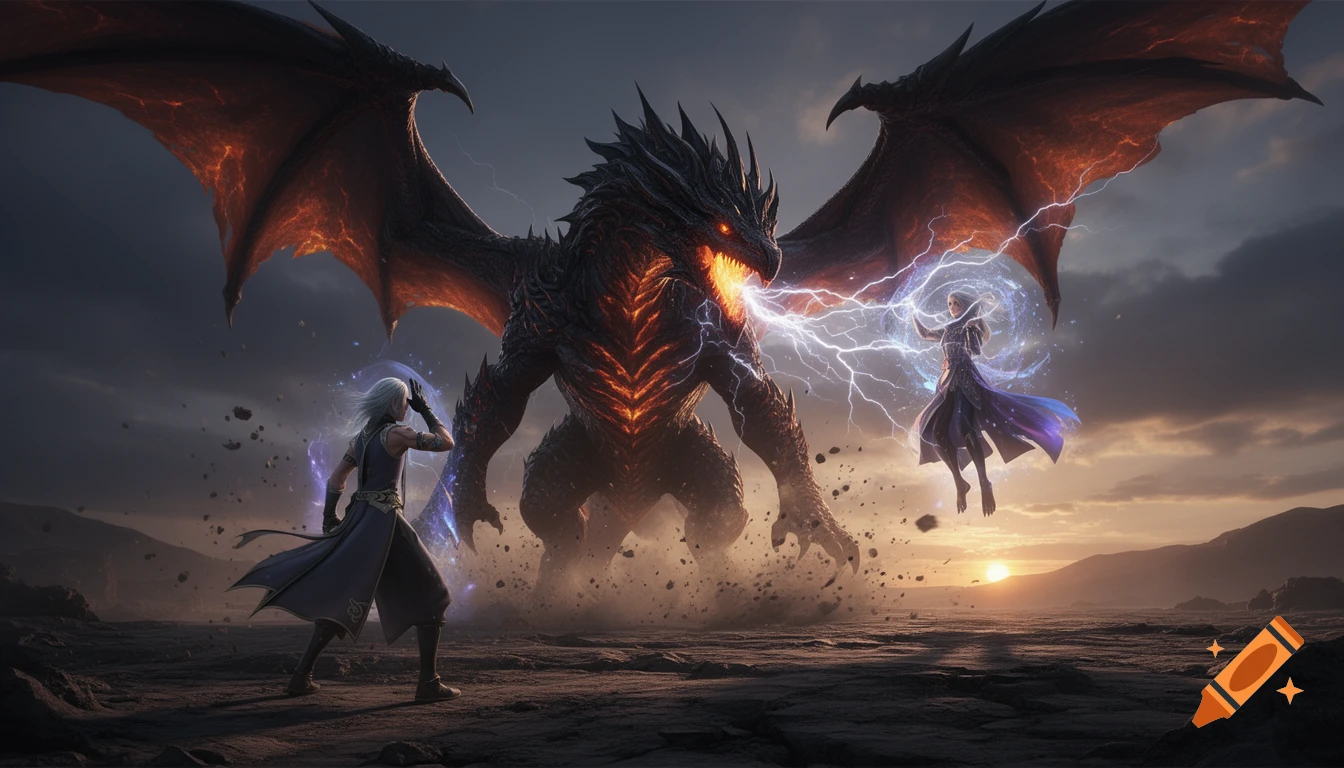 A massive, fiery black dragon breathes lightning at two magic-wielding figures in a desolate landscape at sunset.