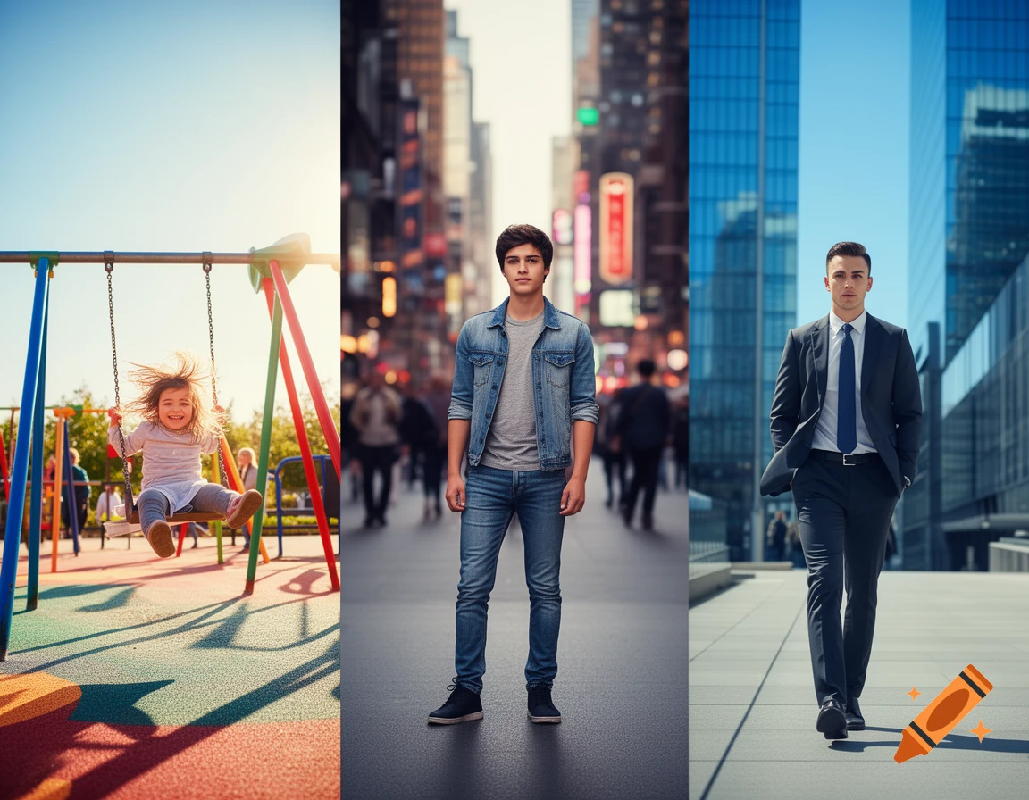 A triptych showing a happy child on a playground swing, a young man in a denim jacket in a bustling city street, and a businessman in a suit walking past modern skyscrapers.