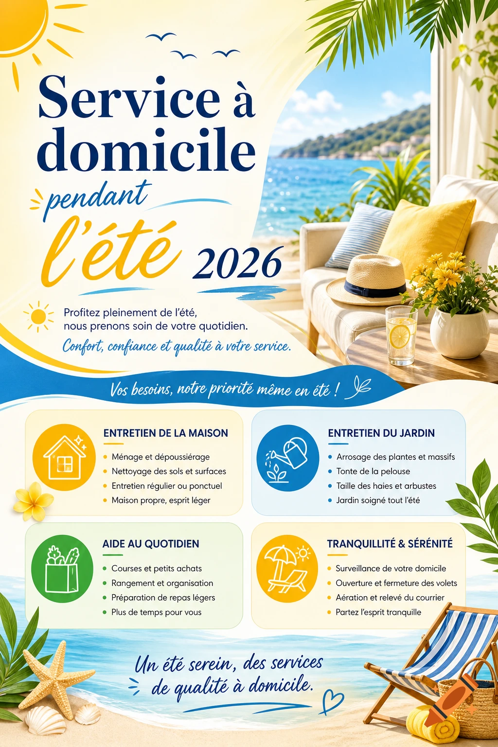 A bright, colorful promotional poster for "Service à domicile pendant l'été 2026" with a beach scene, sofa, and icons for various home services.