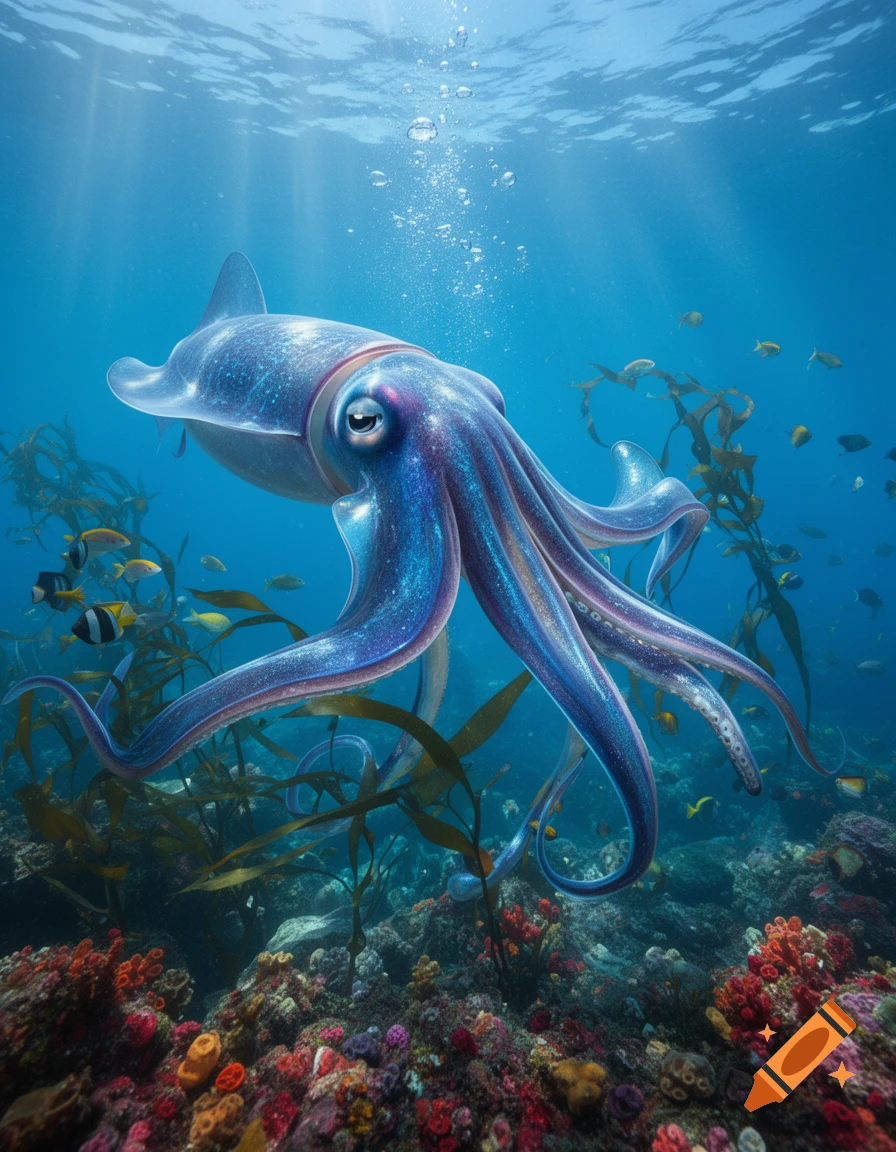 A vibrant, iridescent blue and purple squid swims gracefully above a colorful coral reef, surrounded by fish and kelp.