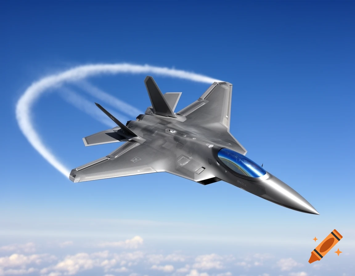A sleek grey single jet fighter plane with inverted arrow wings turns in a bright blue sky, leaving a white contrail loop.