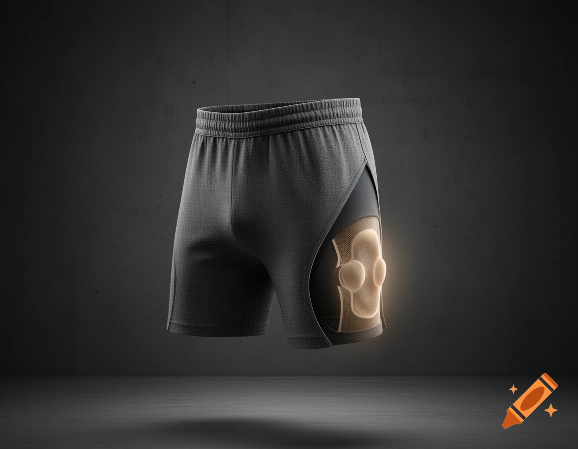 Charcoal gray men's hybrid shorts with a glowing internal mesh support system, floating against a dark concrete background. Photorealistic product shot.