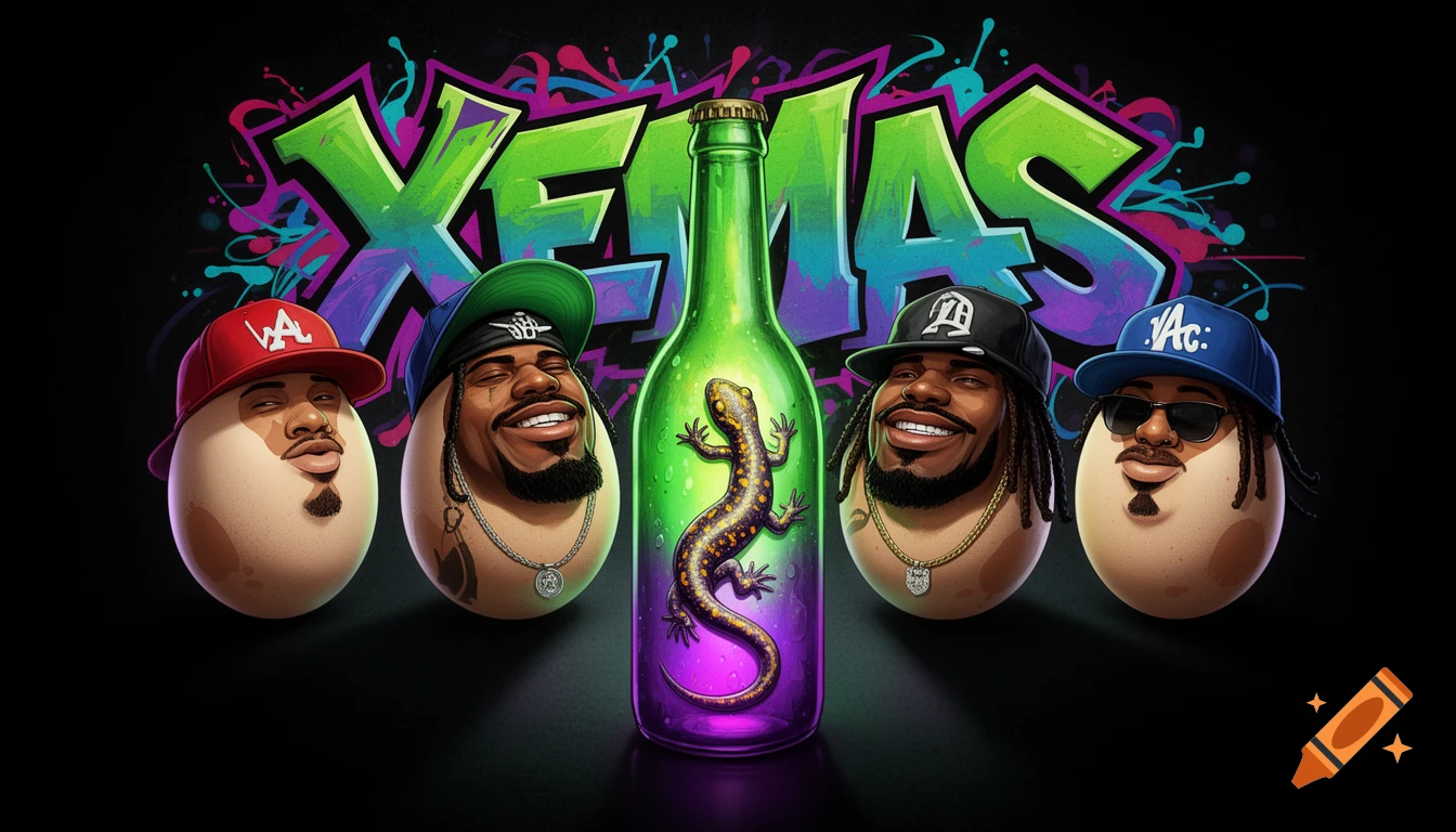 Four egg heads with rapper faces and caps flank a green and purple bottle with a lizard, on a black background with 'XEMAS' graffiti.