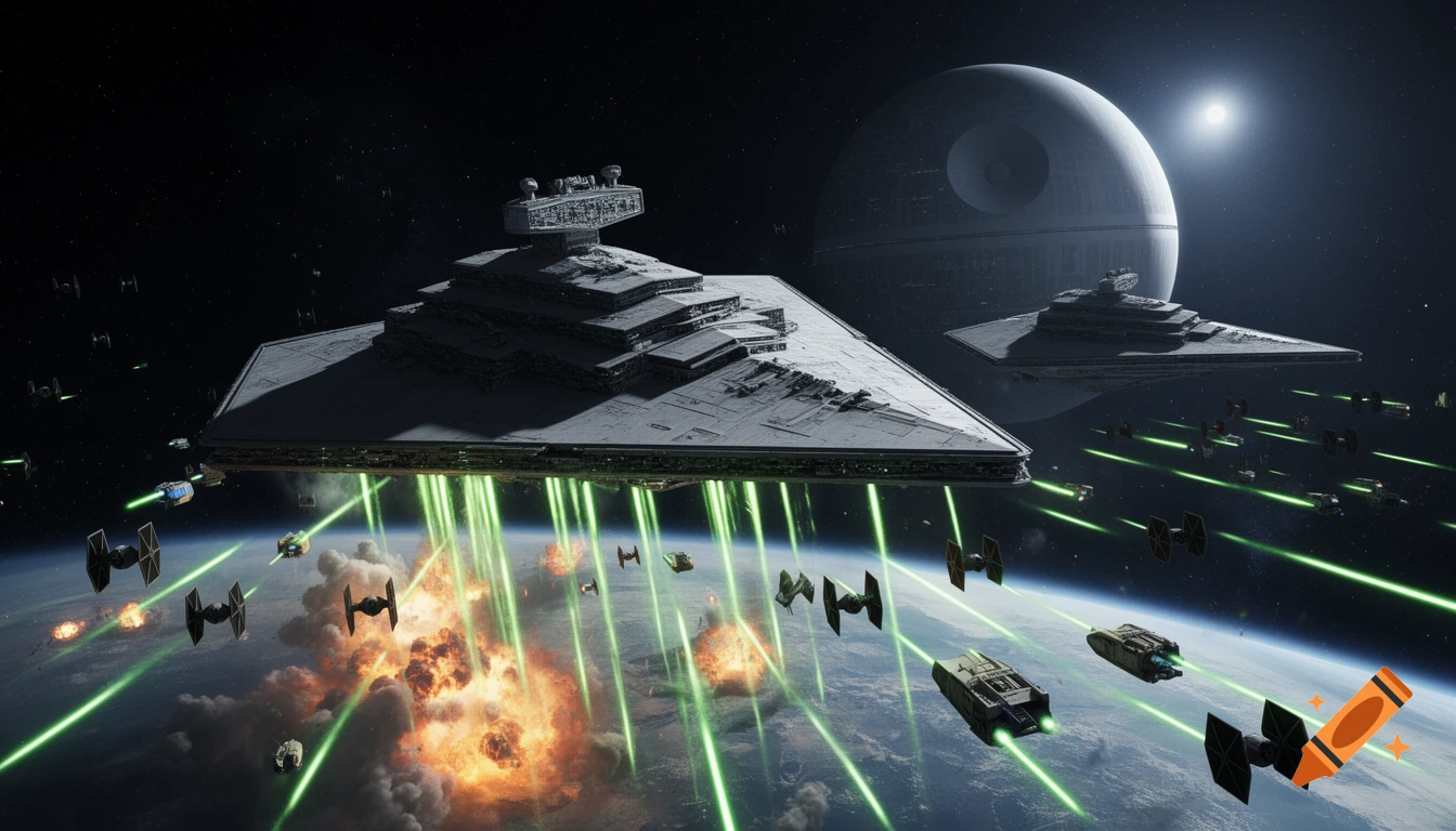 Imperial Star Destroyers and TIE fighters engage in a space battle above a planet, with the Death Star in the background.