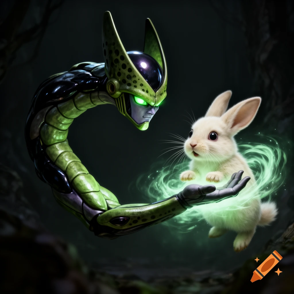 Cell from Dragon Ball Z, a green and black insectoid figure with glowing eyes, gently holds a small white rabbit surrounded by green magic.
