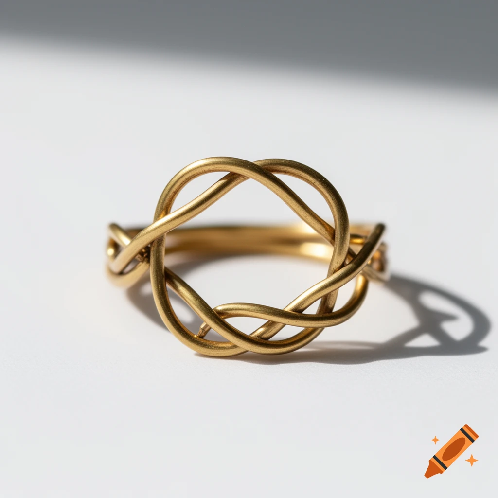 A close-up of a golden ring with an intricate, open knotted design, casting soft shadows on a white surface.