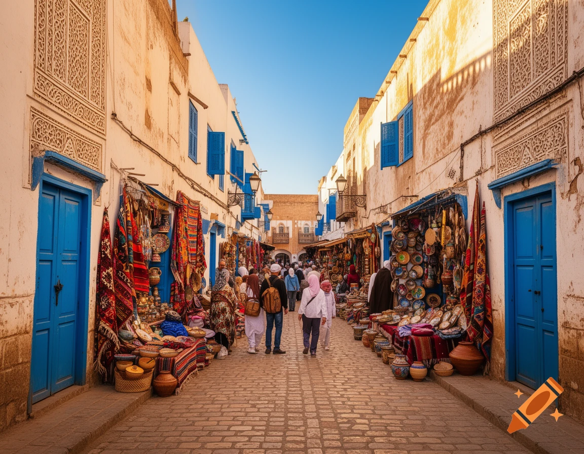 A vibrant market street in an old city with people walking between colorful stalls, blue doors, and patterned buildings.