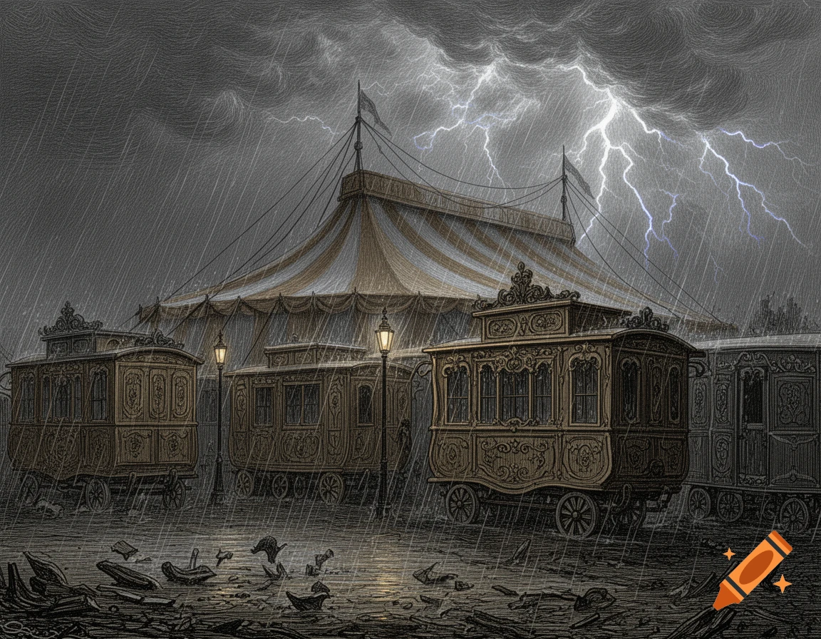 Engraving of a circus big top and ornate caravans in a heavy rainstorm with lightning.