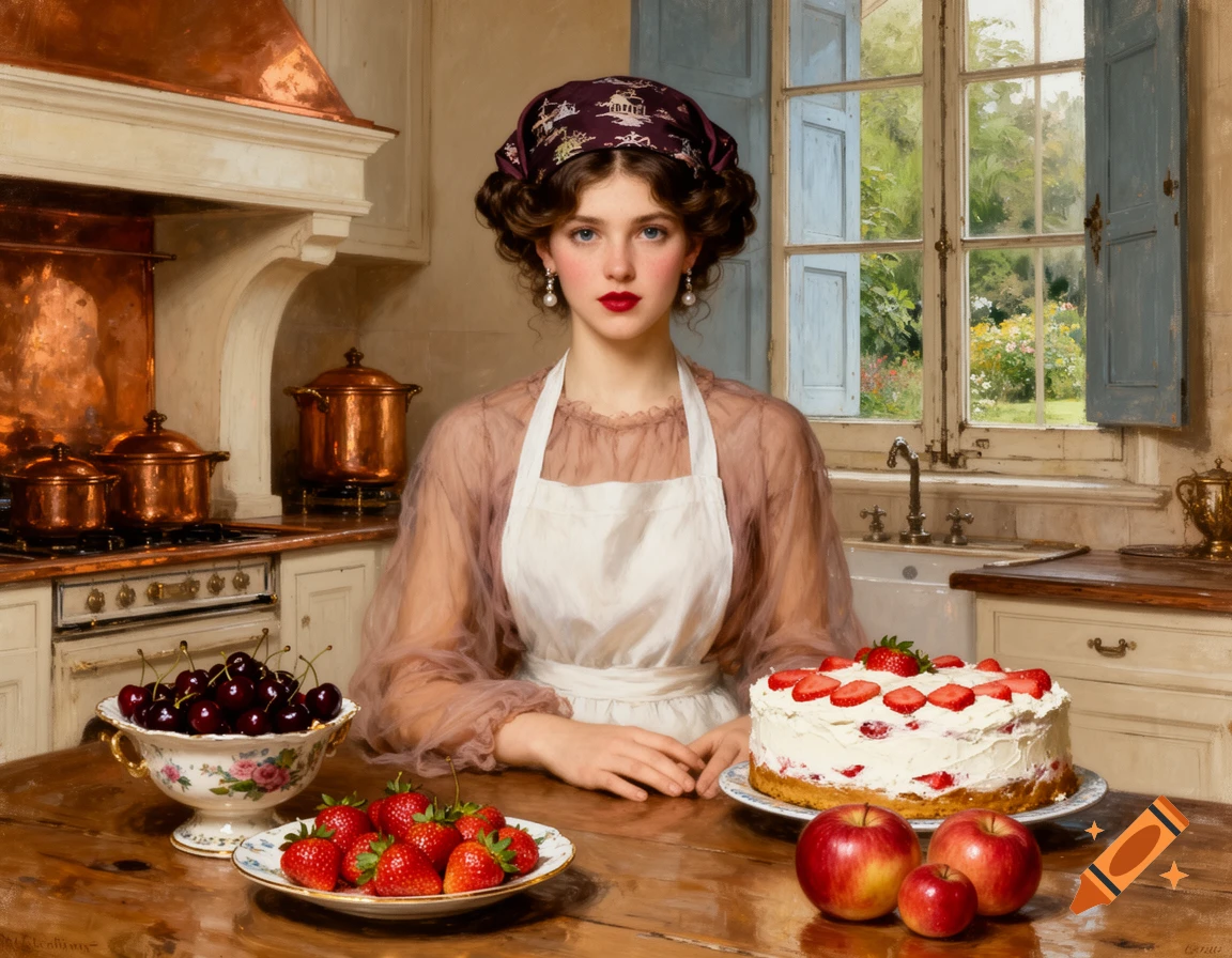 Oil painting of a young kitchen maid in a bright Victorian kitchen, surrounded by fresh fruit and a strawberry cake.