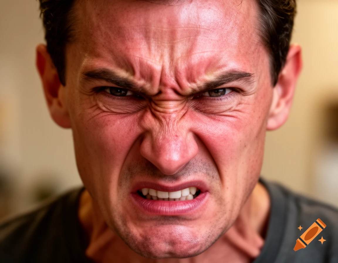 Close-up, photorealistic portrait of an angry man with a scrunched, red face showing his teeth.