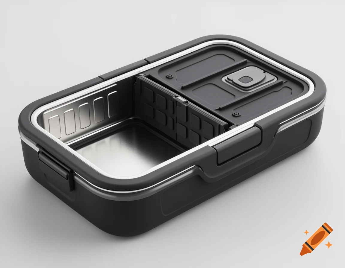 Open black and silver divided lunchbox, showing a reflective stainless steel compartment and textured black plastic features.