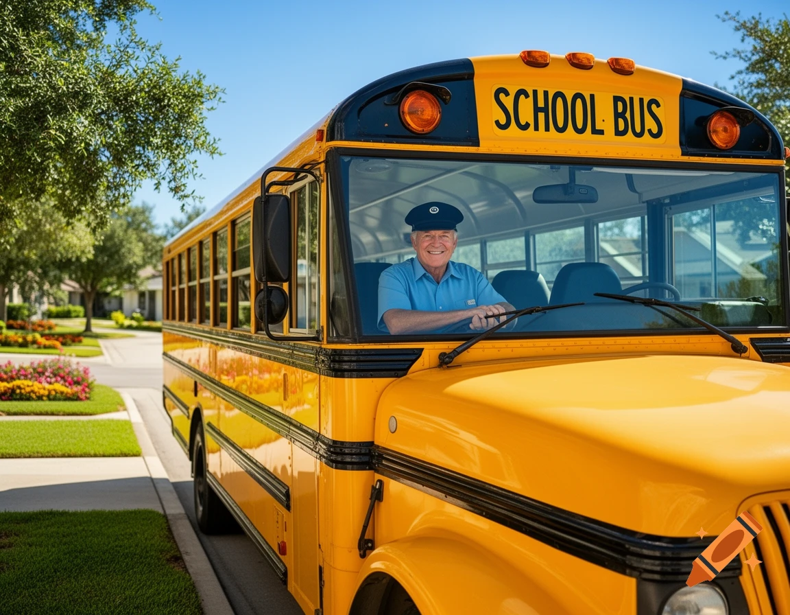 A smiling school bus driver in a blue shirt and hat sits behind the wheel of a bright yellow school bus on a sunny day.