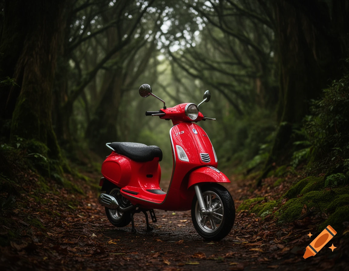 A red moped with raindrops on a leaf-covered forest path with dark, mossy trees.