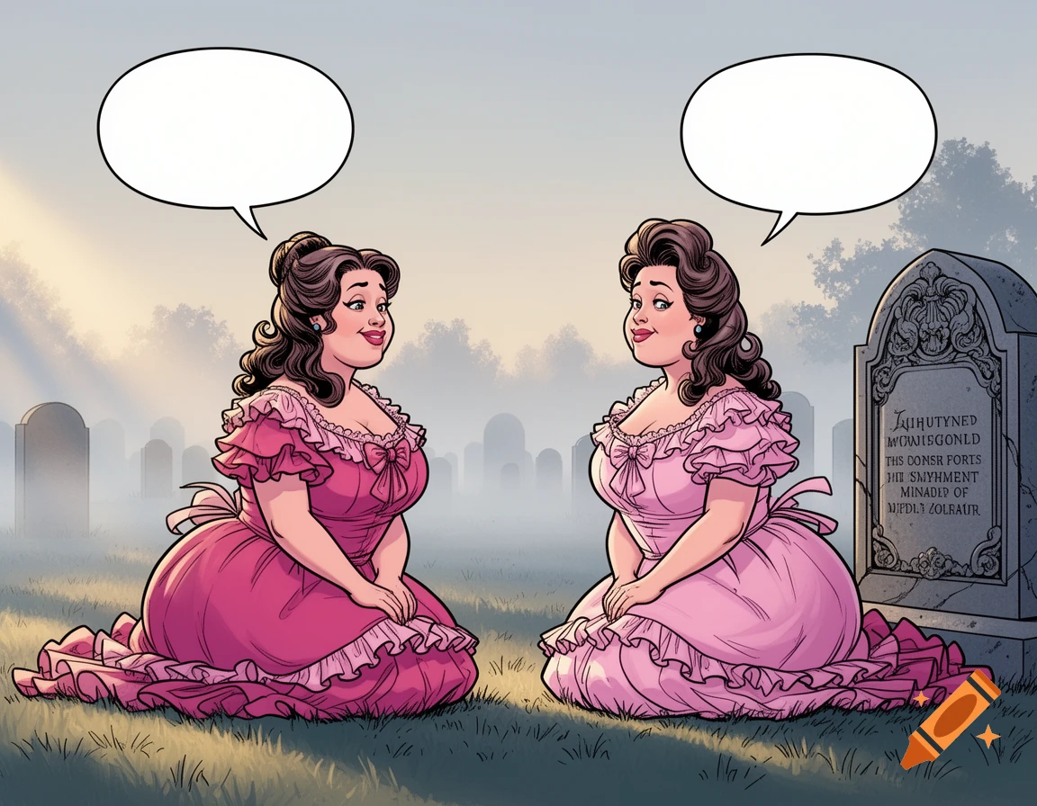 Two plump women in frilly pink dresses kneel on the grass in a comic-style graveyard with blank speech bubbles above their heads.