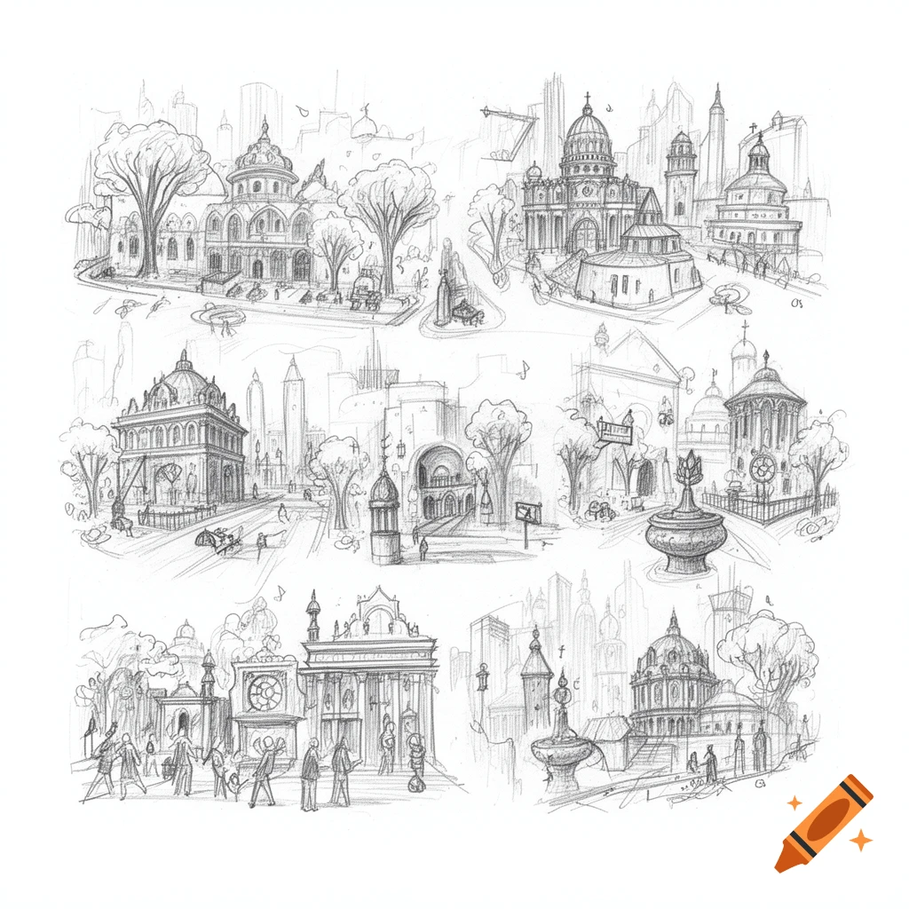 Pencil sketch collage depicting various detailed cityscapes with ornate buildings, trees, and small figures.