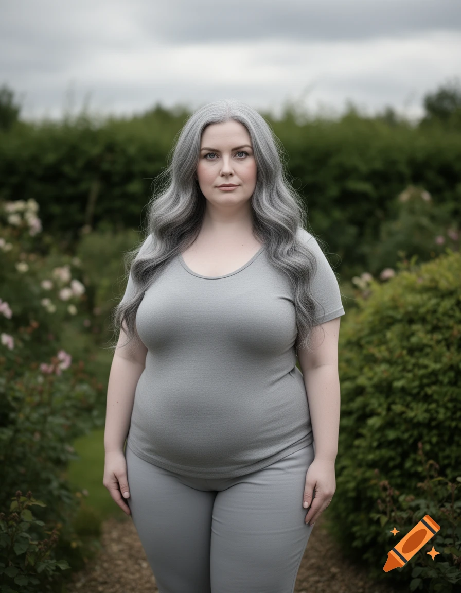A woman with long grey hair and pale skin, wearing a grey t-shirt and pants, stands in a lush garden.